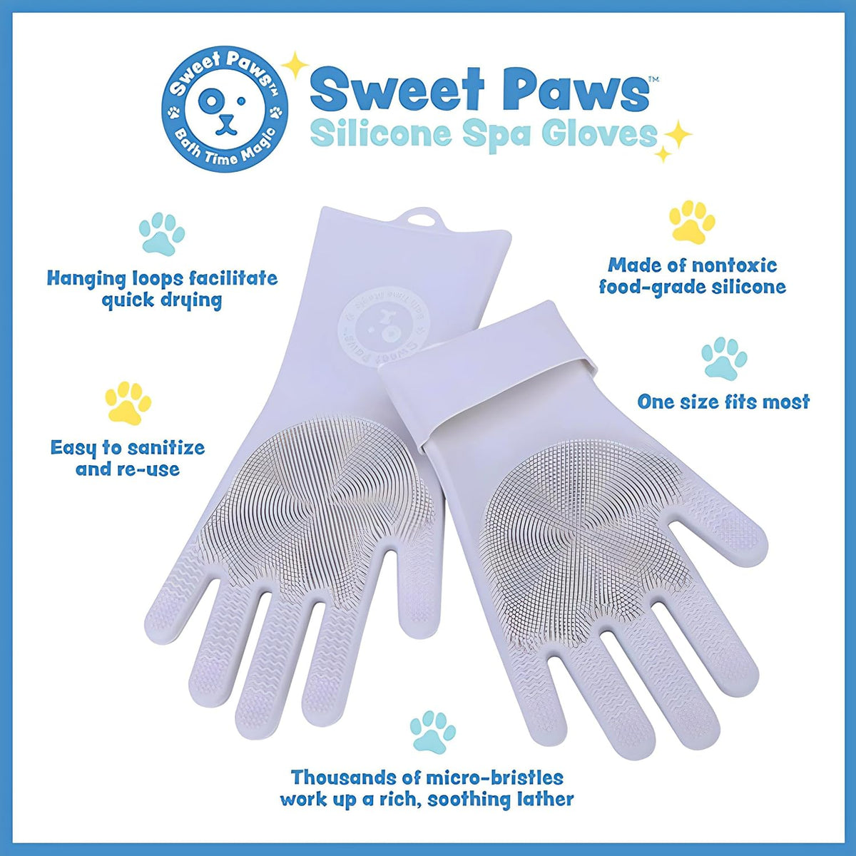 Sweet Paws Silicone Spa Dog & Cat Bathing & Grooming Gloves, 2 Count, Reversible, Nontoxic, & Easy to Clean, Thousands of Massaging Micro-bristles to Pamper Your Pet - Clean Slate