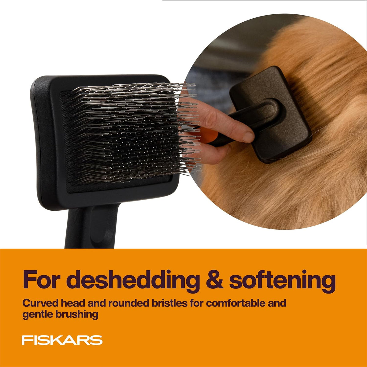 Fiskars Pet, Cat and Dog Brush, Fine Bristles & SoftGrip Handle for Gentle Grooming and Deshedding, Cat and Dog Supplies, Orange/Black