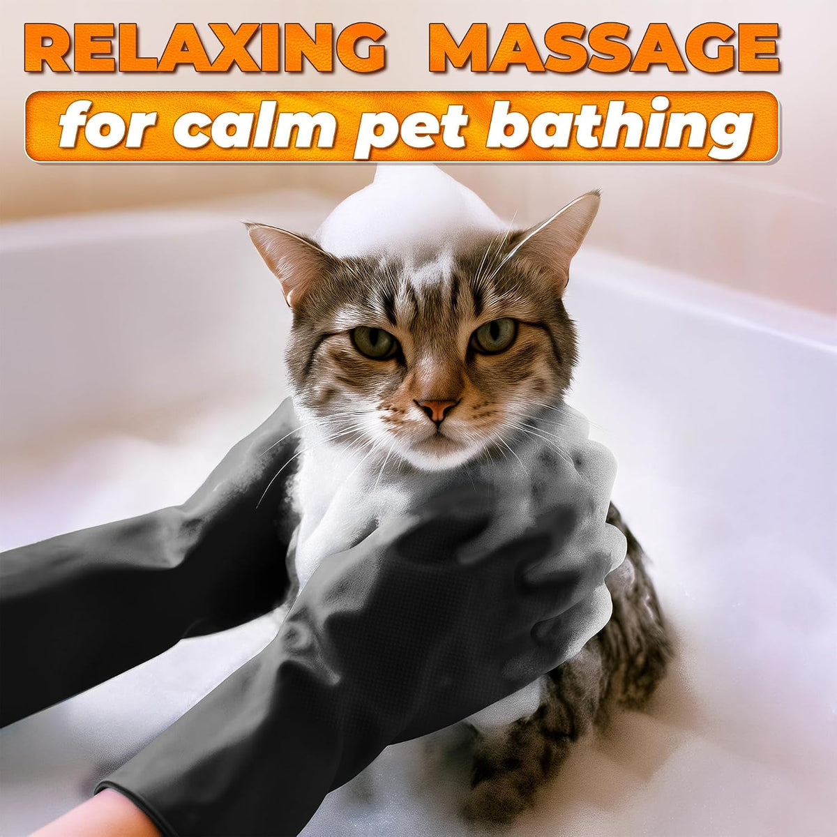 Cat and Dog Washing Gloves, 1 Pair, 11.6 in, Soft Silicone (Black)