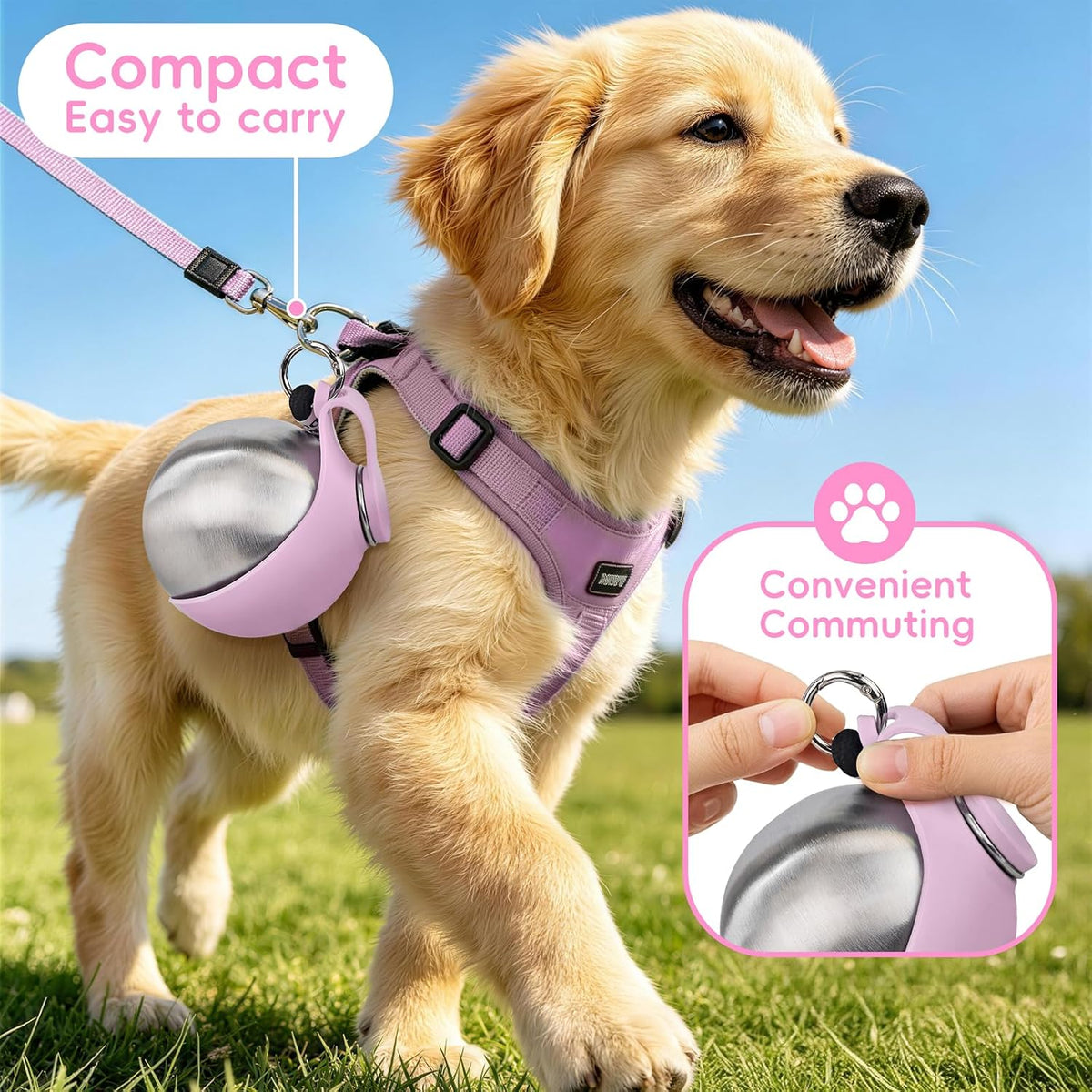 2in1 Portable Dog Water Bottle Portable,10oz Stainless Steel Leak Proof Pet Water Bottle Portable Dog Water Bottle Silicone Bowl,Outdoor Travel Water Bottle for Dogs Walking Hiking Camping, Pink