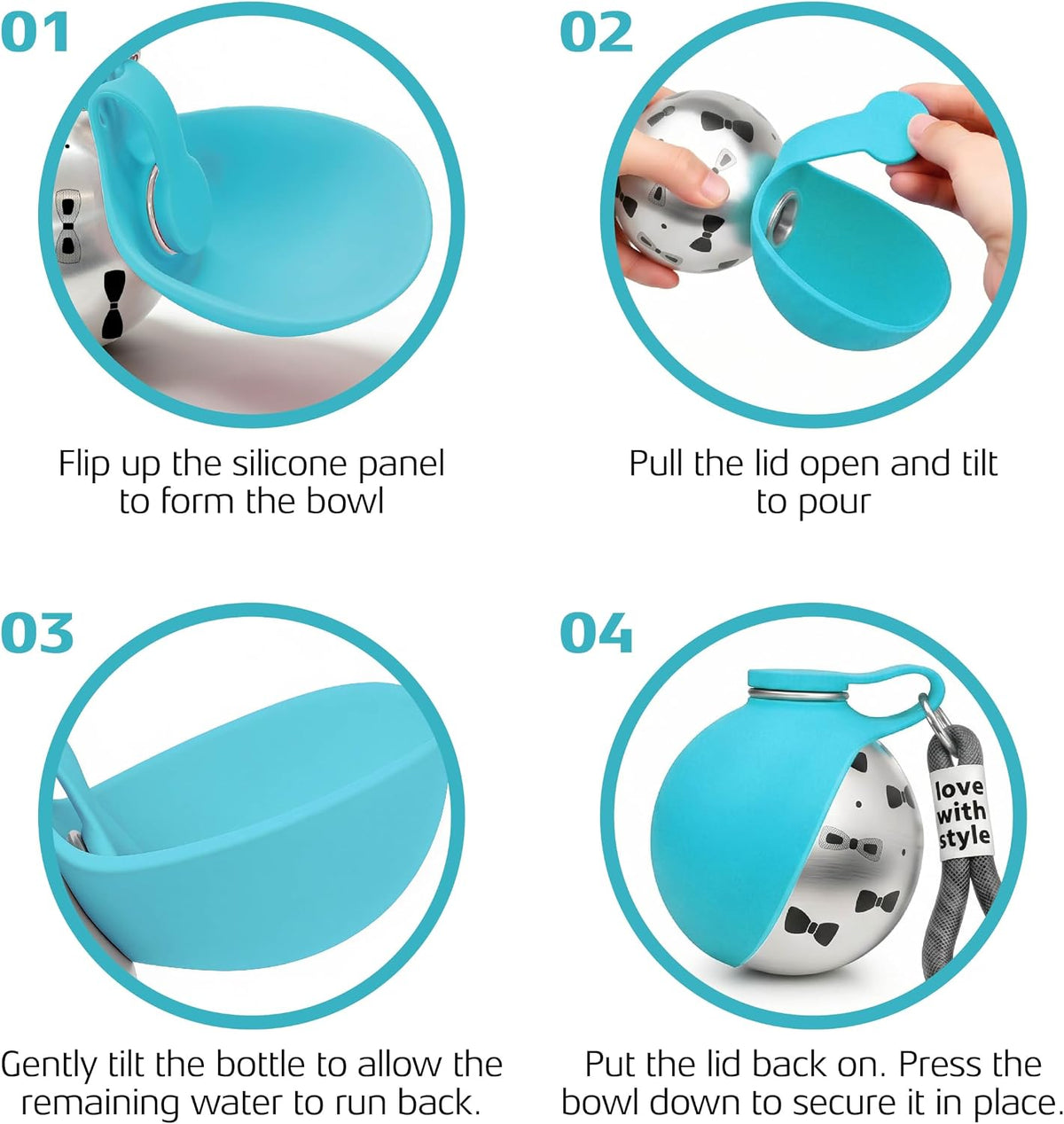 Portable Dog Water Bottle for Walking, 10oz Stainless Steel Pet Water Dispenser with Foldable Silicone Bowl, Leak-Proof Puppy Water Bottle for Small Dogs&Cats,Travel Hiking Outdoor Use(Blue Bow Print)