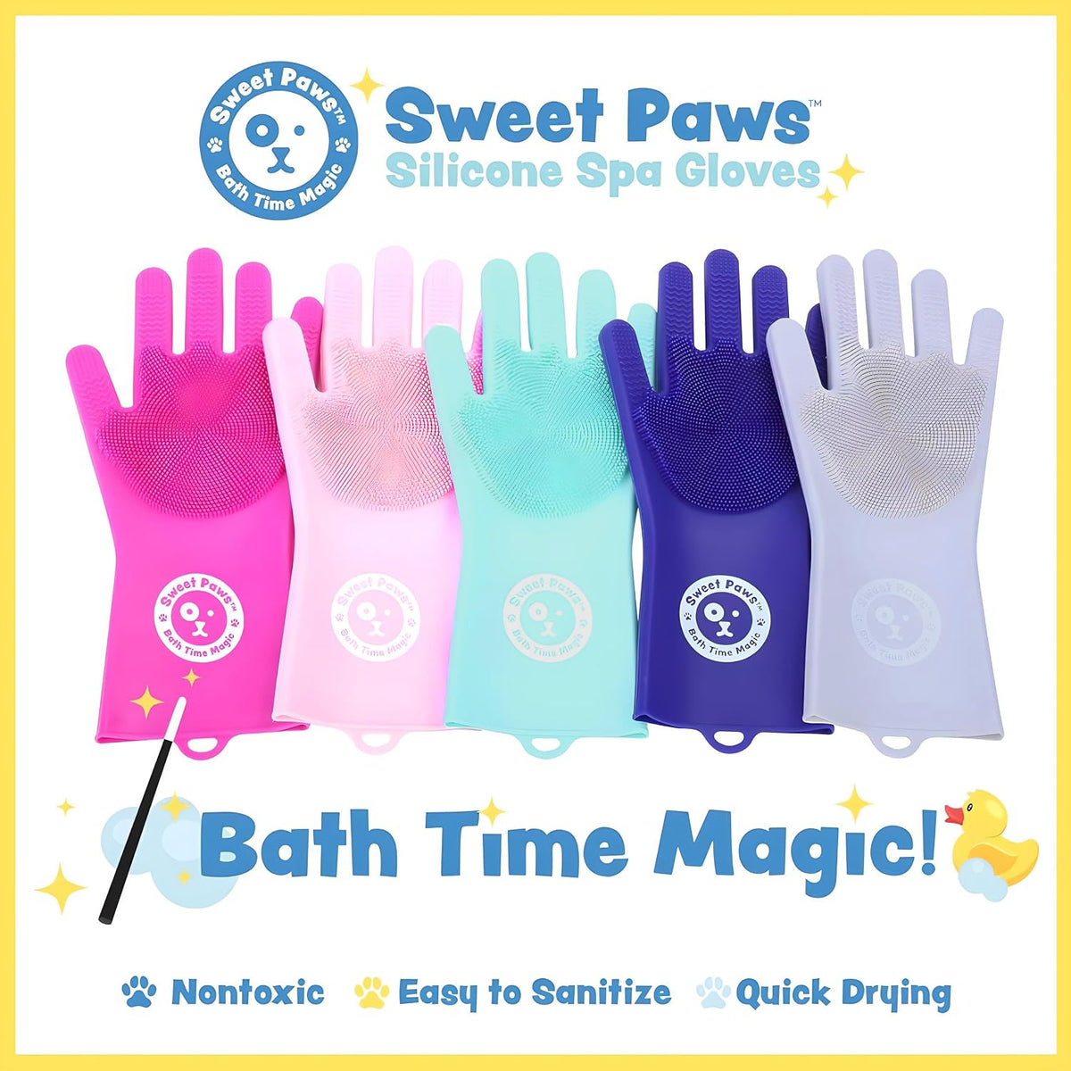 Sweet Paws Silicone Spa Dog & Cat Bathing & Grooming Gloves, 2 Count, Reversible, Nontoxic, & Easy to Clean, Thousands of Massaging Micro-bristles to Pamper Your Pet - Clean Slate