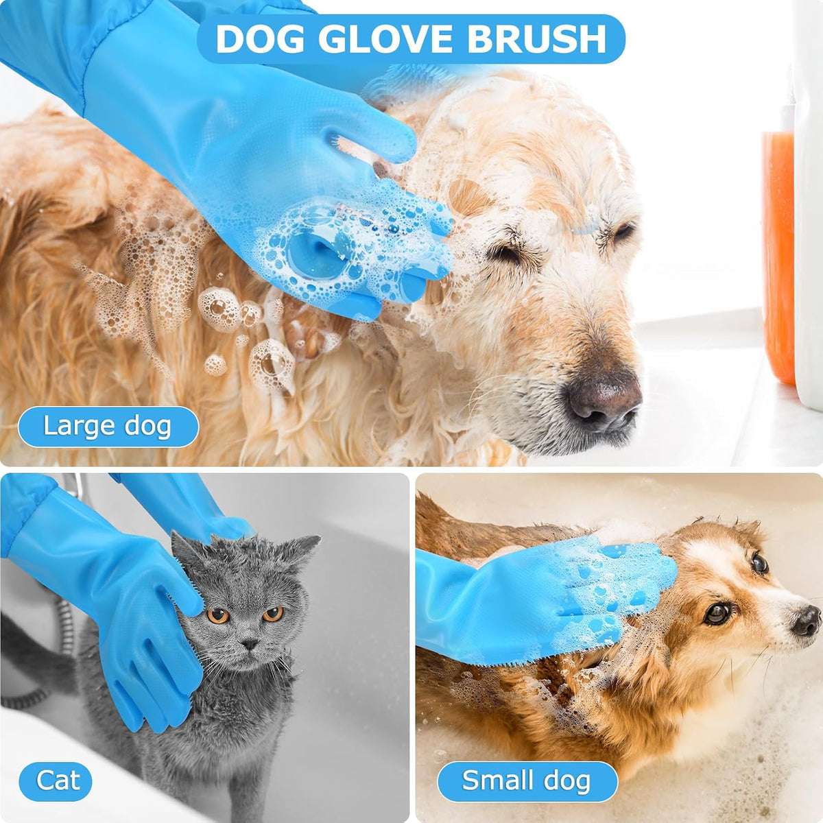 Dog washing gloves | Pet grooming gloves | Extra Long Arms 17.3in (blue)