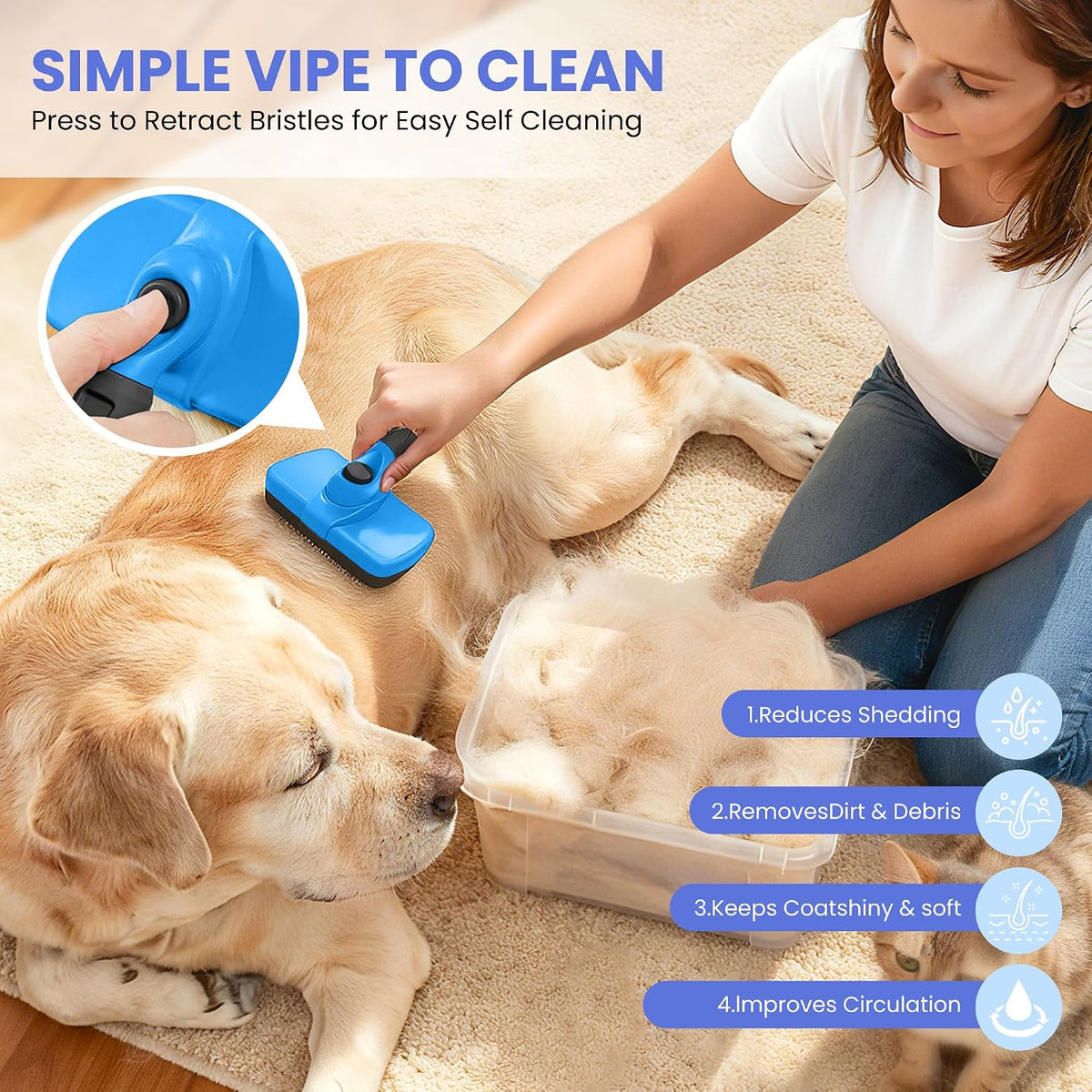 Self Cleaning Shedding Brush - 5-in-1 Professional Pet Grooming Kit Skin Friendly Grooming Tool for Dogs, Cats, and Puppies, Deshedding and Hair Removal for Long and Short Haired Pets, Blue