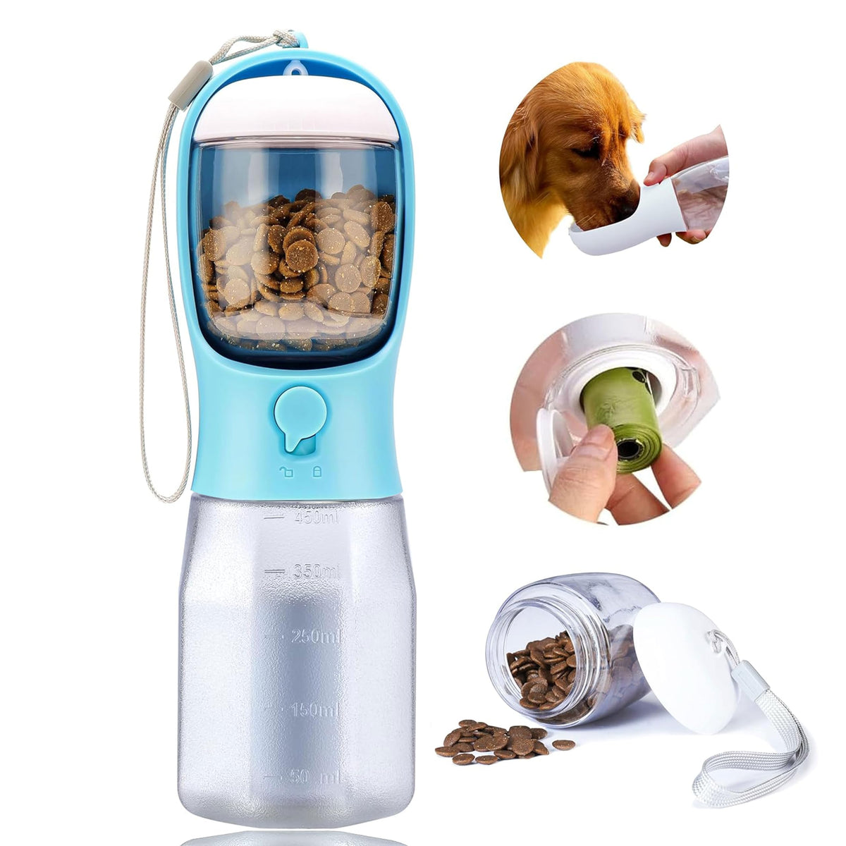 Dog Water Bottle with Food Container, Portable Pet Dog Water Dispenser for Outdoor Walking,Hiking,Travel,Puppy Essentials,Puppy Supplies,Replaceable Waste Bags