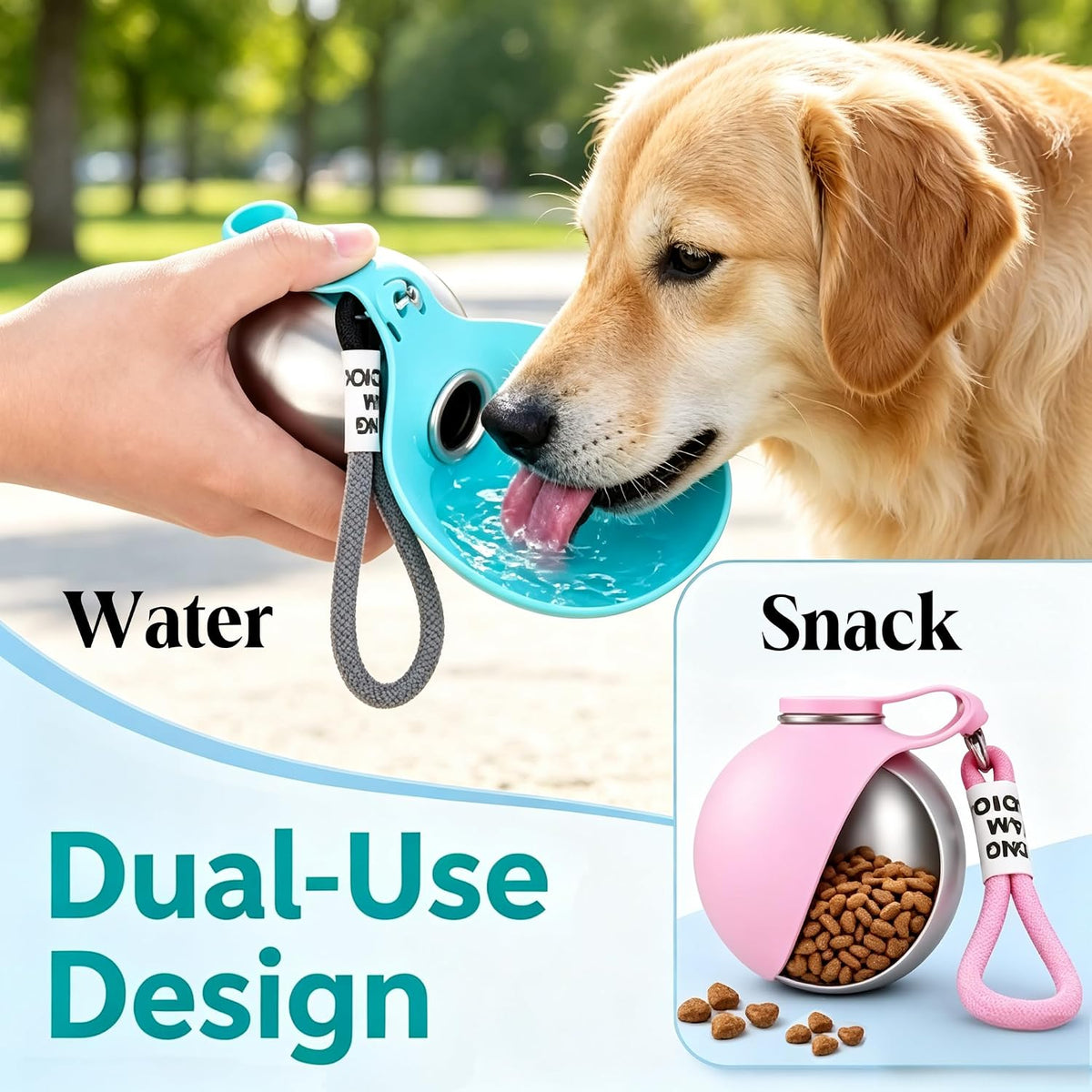 Dog Water Bottle Portable - 2 in 1 Stainless Steel Tumbler with Foldable Round Silicone Ball Bowl, 2-in-1 Leak-Proof Design for Dogs Pet Travel Walking Drinking（Blue）