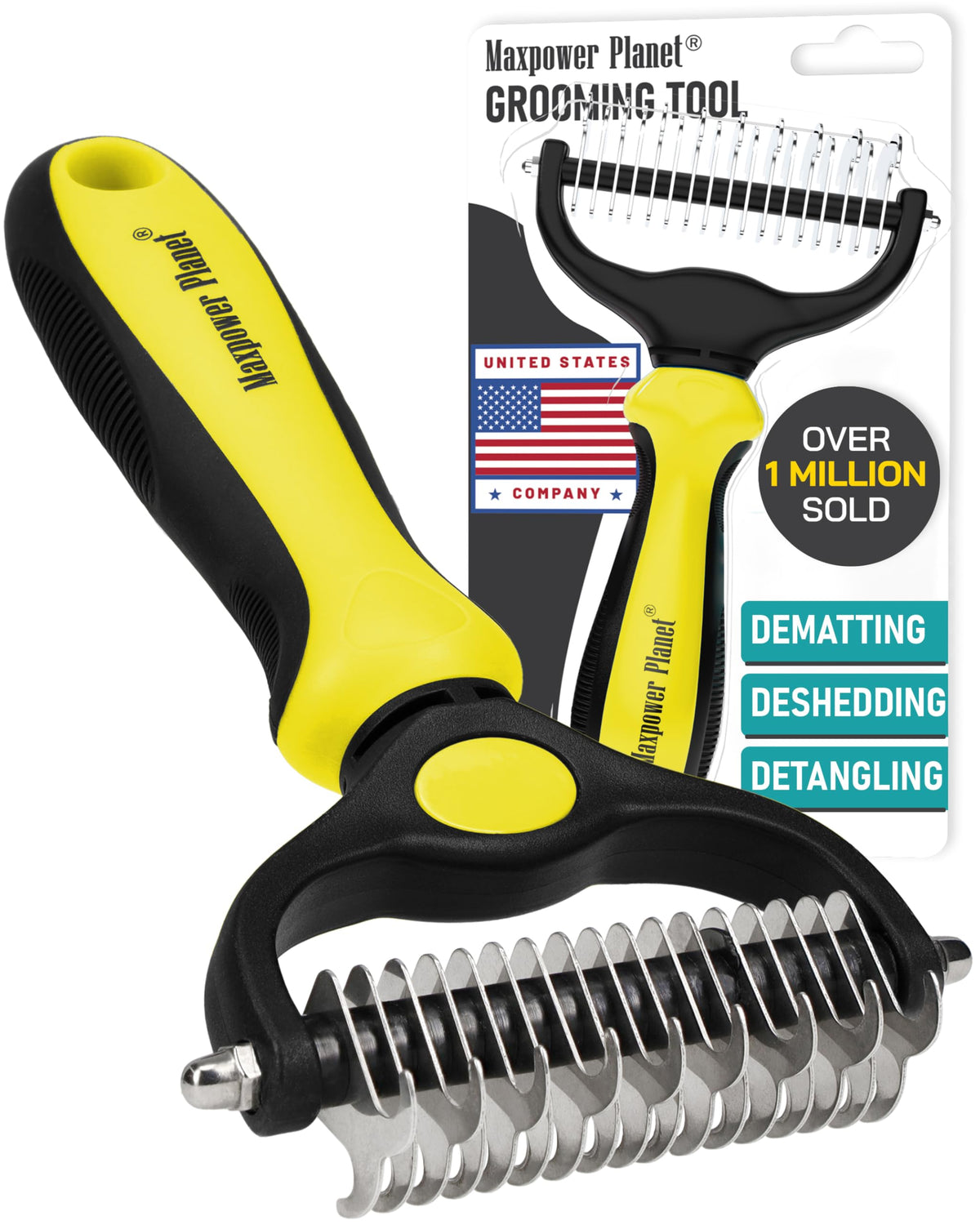 Maxpower Planet Hair Brush - Double Sided Shedding, Dematting Undercoat Rake for Dogs and Cats - Extra Wide Dog Grooming Brush, Reduce Shedding by 95%, Turquoise