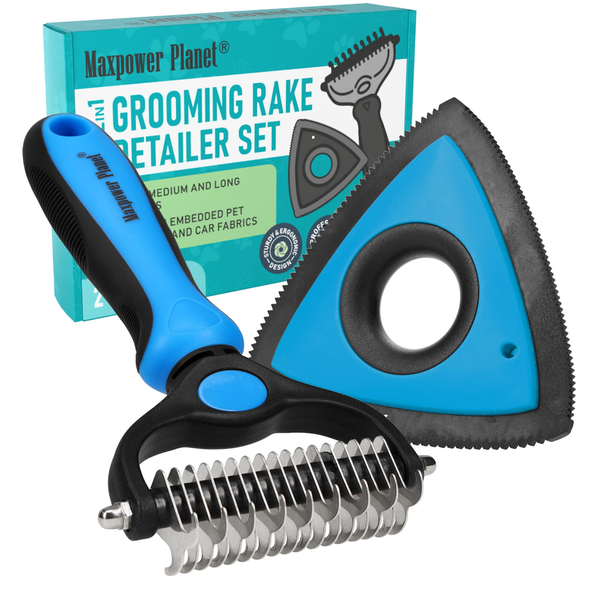 Maxpower Planet Hair Brush - Double Sided Shedding, Dematting Undercoat Rake for Dogs and Cats - Extra Wide Dog Grooming Brush, Reduce Shedding by 95%, Turquoise