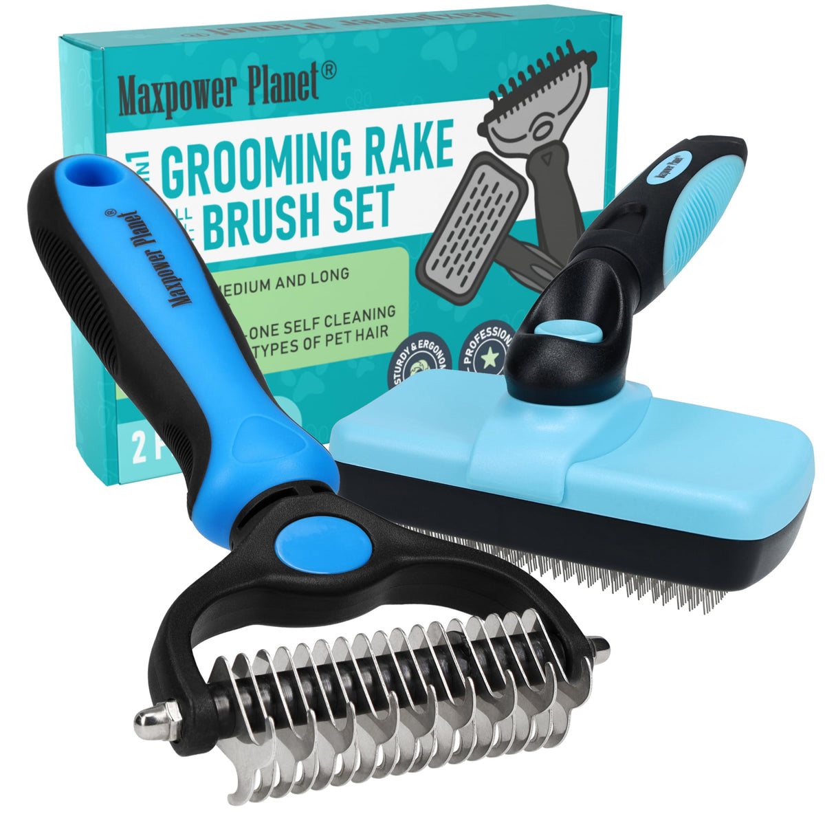 Maxpower Planet Hair Brush - Double Sided Shedding, Dematting Undercoat Rake for Dogs and Cats - Extra Wide Dog Grooming Brush, Reduce Shedding by 95%, Turquoise