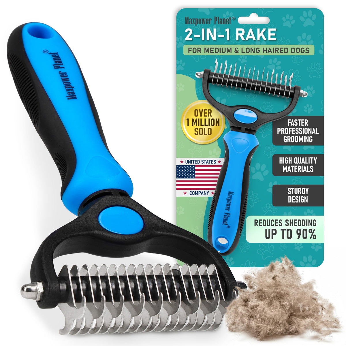 Maxpower Planet Hair Brush - Double Sided Shedding, Dematting Undercoat Rake for Dogs and Cats - Extra Wide Dog Grooming Brush, Reduce Shedding by 95%, Turquoise