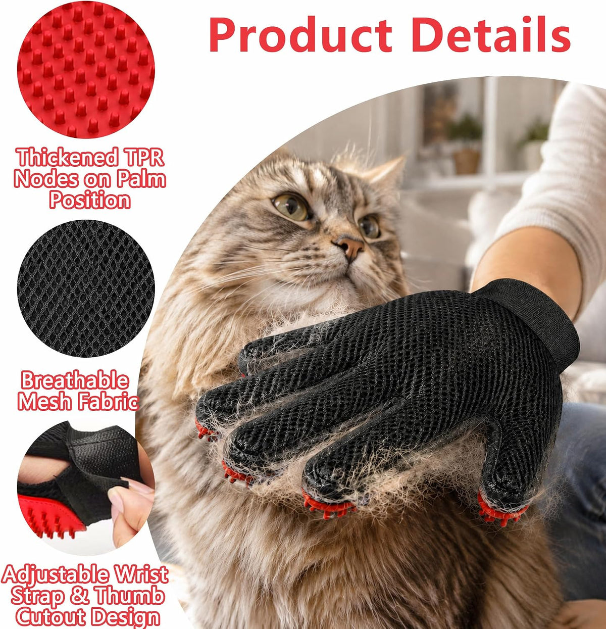 Pet Hair Removal Glove with Silicone Tips for Cat&Dog,1 Pair,Red