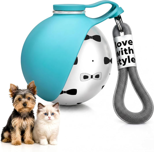 Portable Dog Water Bottle for Walking, 10oz Stainless Steel Pet Water Dispenser with Foldable Silicone Bowl, Leak-Proof Puppy Water Bottle for Small Dogs&Cats,Travel Hiking Outdoor Use(Blue Bow Print)