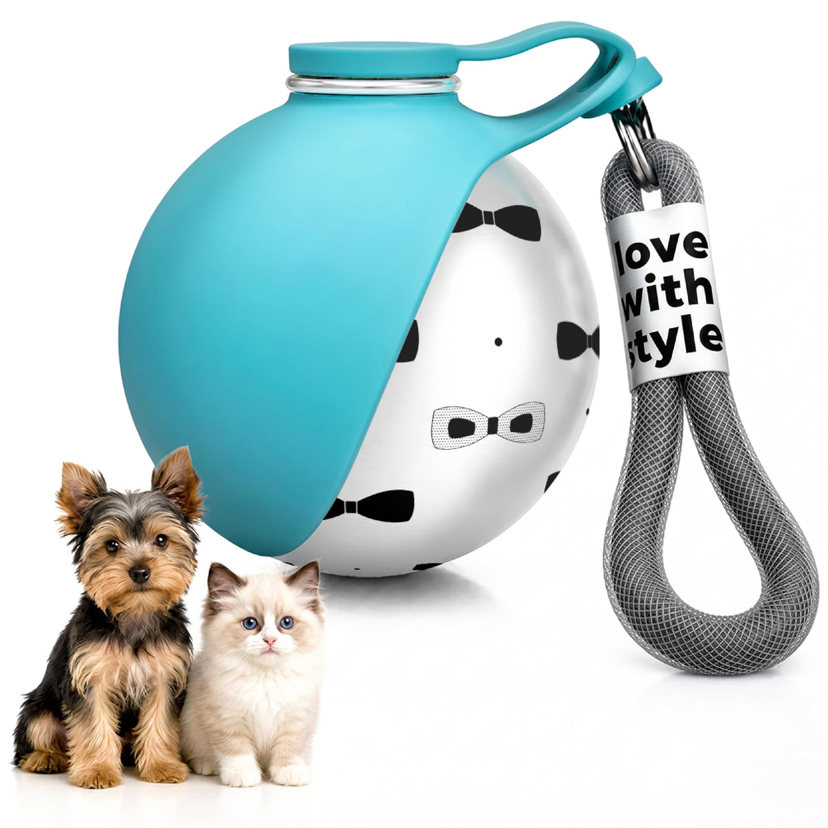 Portable Dog Water Bottle for Walking, 10oz Stainless Steel Pet Water Dispenser with Foldable Silicone Bowl, Leak-Proof Puppy Water Bottle for Small Dogs&Cats,Travel Hiking Outdoor Use(Blue Bow Print)