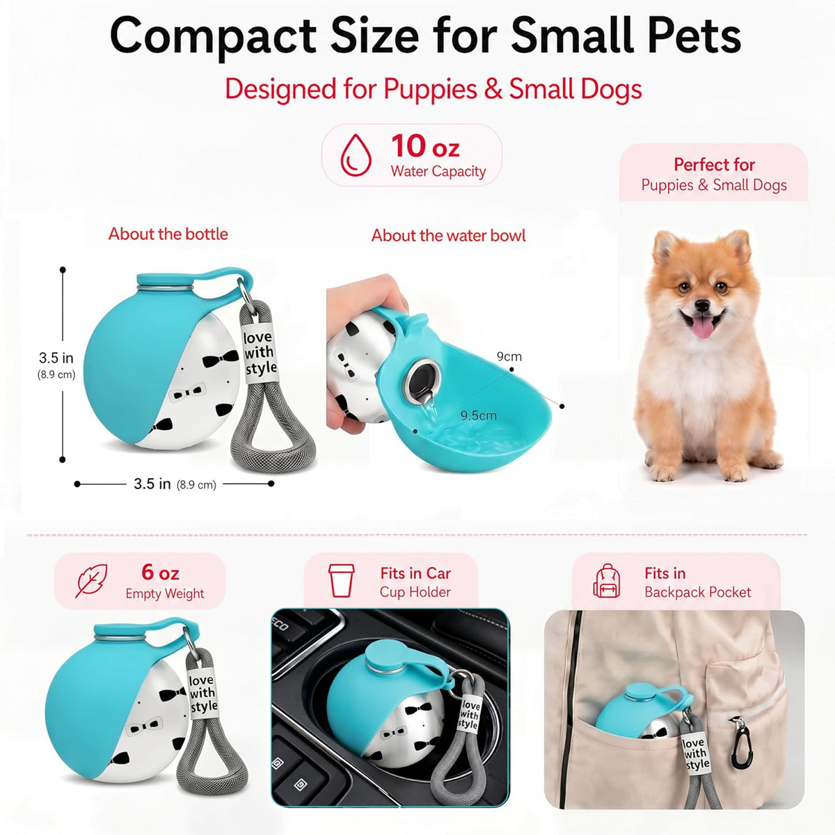 Portable Dog Water Bottle for Walking, 10oz Stainless Steel Pet Water Dispenser with Foldable Silicone Bowl, Leak-Proof Puppy Water Bottle for Small Dogs&Cats,Travel Hiking Outdoor Use(Blue Bow Print)