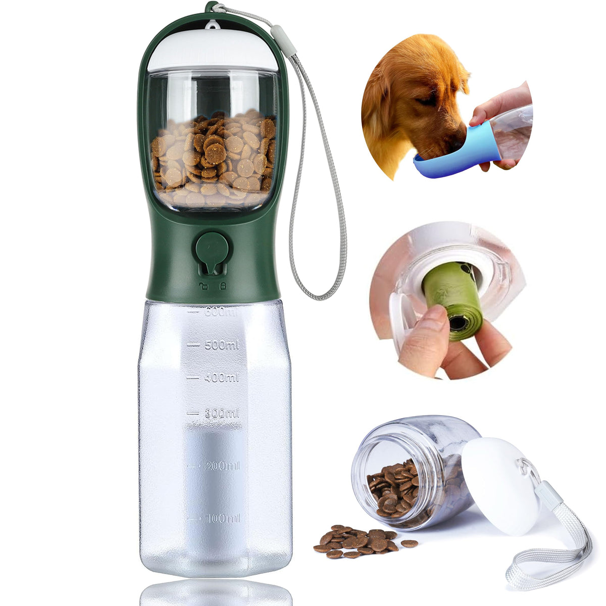 Dog Water Bottle with Food Container, Portable Pet Dog Water Dispenser for Outdoor Walking,Hiking,Travel,Puppy Essentials,Puppy Supplies,Replaceable Waste Bags