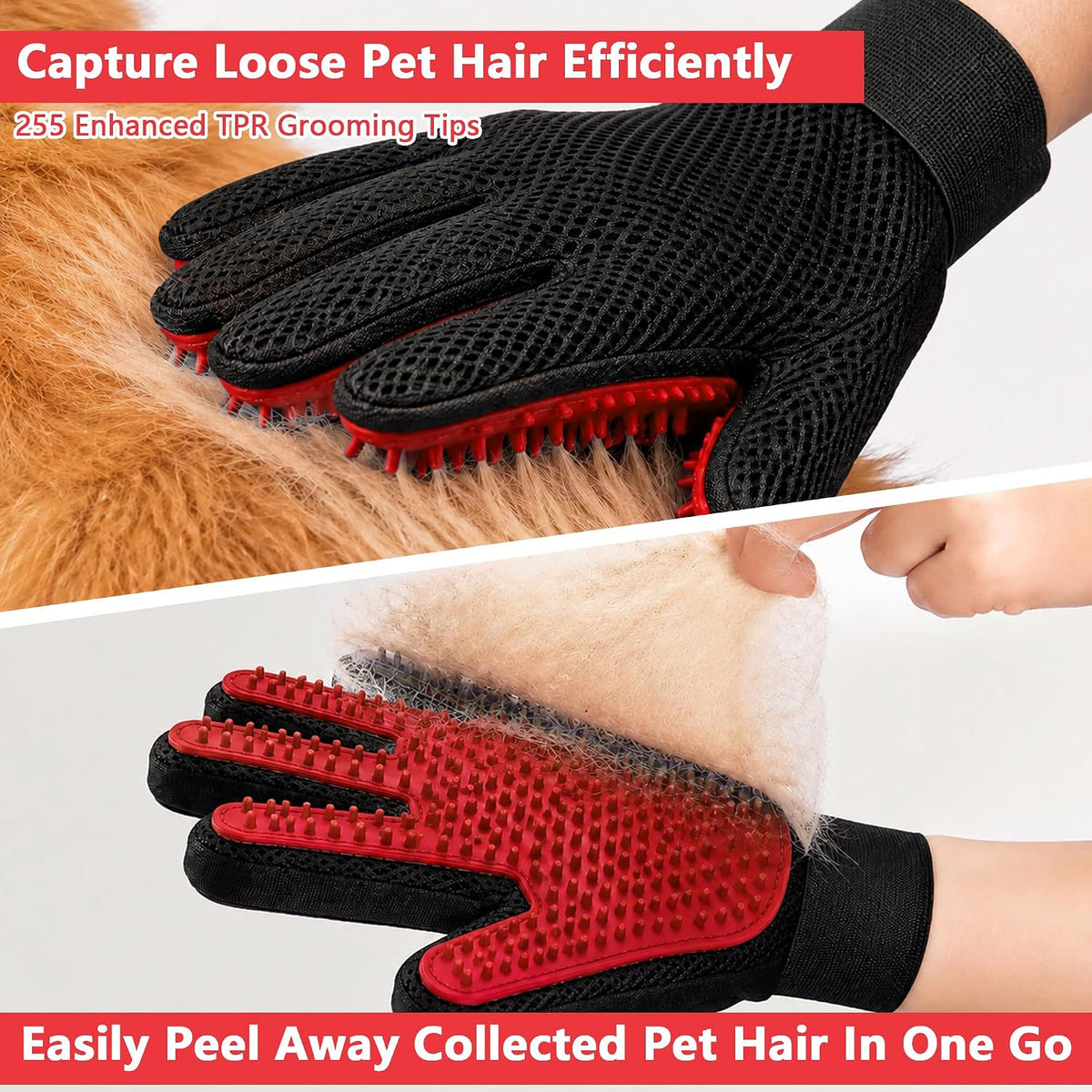 Pet Hair Removal Glove with Silicone Tips for Cat&Dog,1 Pair,Red