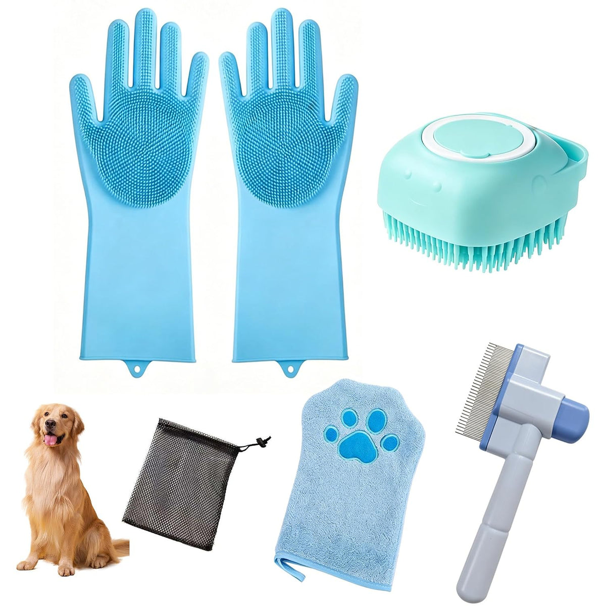 5-Piece Dog Grooming & Bathing Kit – Silicone Glove, Bath Brush, Deshedding Comb, Drying Towel & Storage Bag for Dogs & Cats