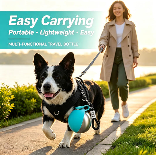 Dog Water Bottle Portable - 2 in 1 Stainless Steel Tumbler with Foldable Round Silicone Ball Bowl, 2-in-1 Leak-Proof Design for Dogs Pet Travel Walking Drinking（Blue）