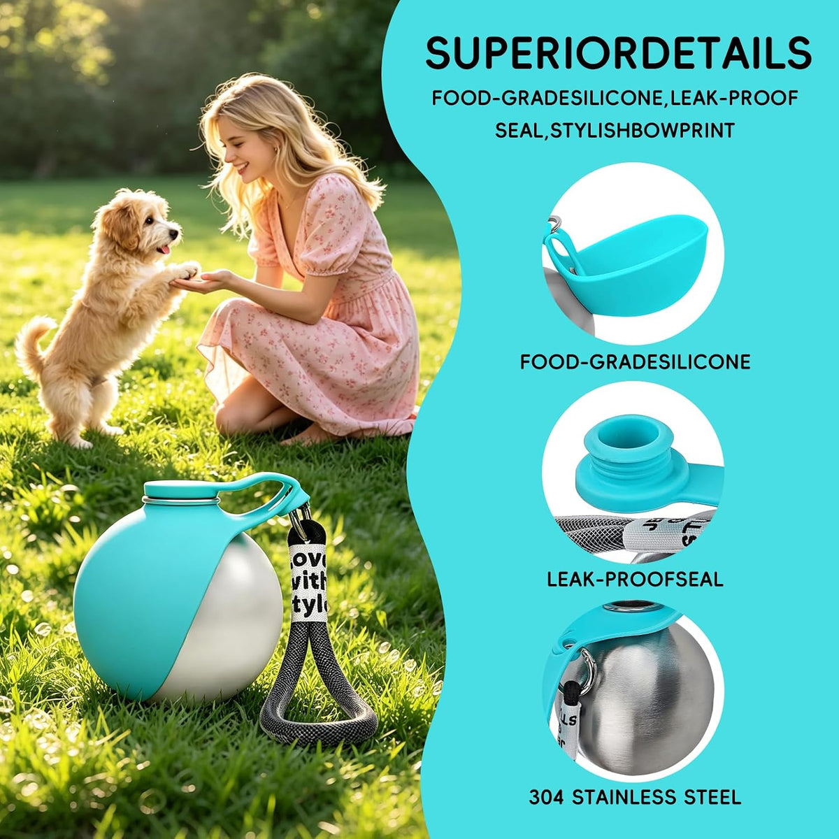 2 in 1 Portable Dog Water Bottle, 10oz Stainless Steel Leak Proof Pet Water Bottle with Foldable Silicone Bowl, Outdoor Travel Water Bottle for Dogs Walking Hiking Camping, 2 Pack Pink