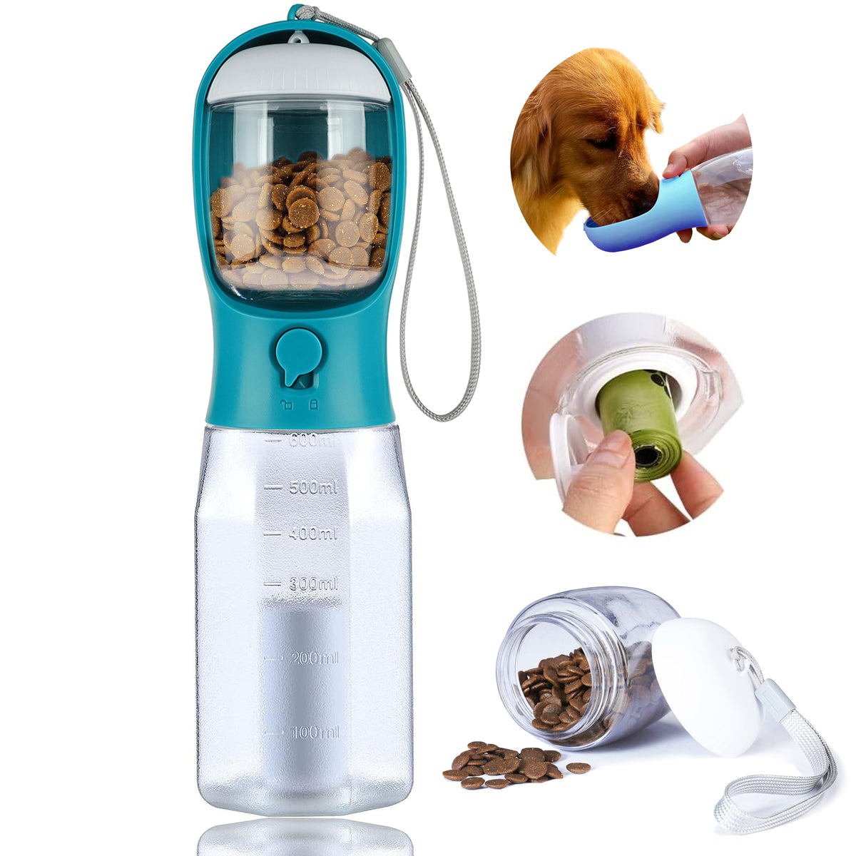 Dog Water Bottle with Food Container, Portable Pet Dog Water Dispenser for Outdoor Walking,Hiking,Travel,Puppy Essentials,Puppy Supplies,Replaceable Waste Bags