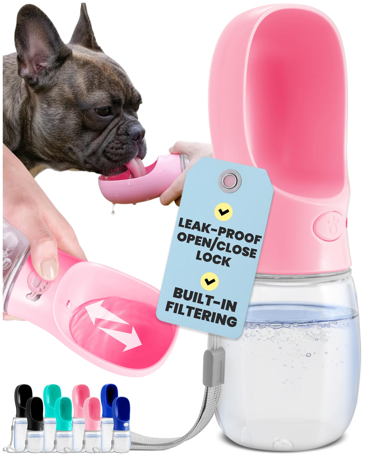 MalsiPree On the Go Dog Water Bottle - 12 oz Pink, Leak-Proof