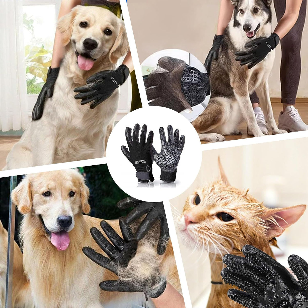 Dog Grooming Gloves – Shedding Gloves for Dogs, Cats & Horses – Pet Grooming Glove & Hair Remover – Dog Brush Glove for Bathing, Deshedding & Massage Mitt– Adjustable Fit (Blue&Black)