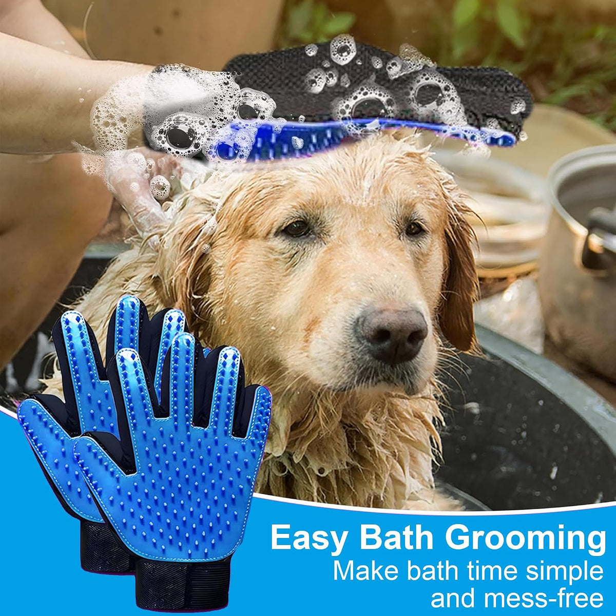 Pet Grooming Gloves for Cats and Dogs 1 Pair 2-in-1 Deshedding Brush and Massage Mitt Efficient Hair Remover Glove for Shedding and Bathing Safe for All Breeds Deep Blue