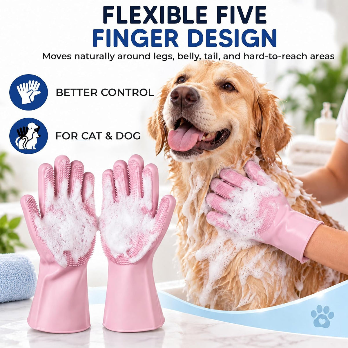 NVNAN Pet Washing Gloves for Dogs and Cats, Pink, Silicone