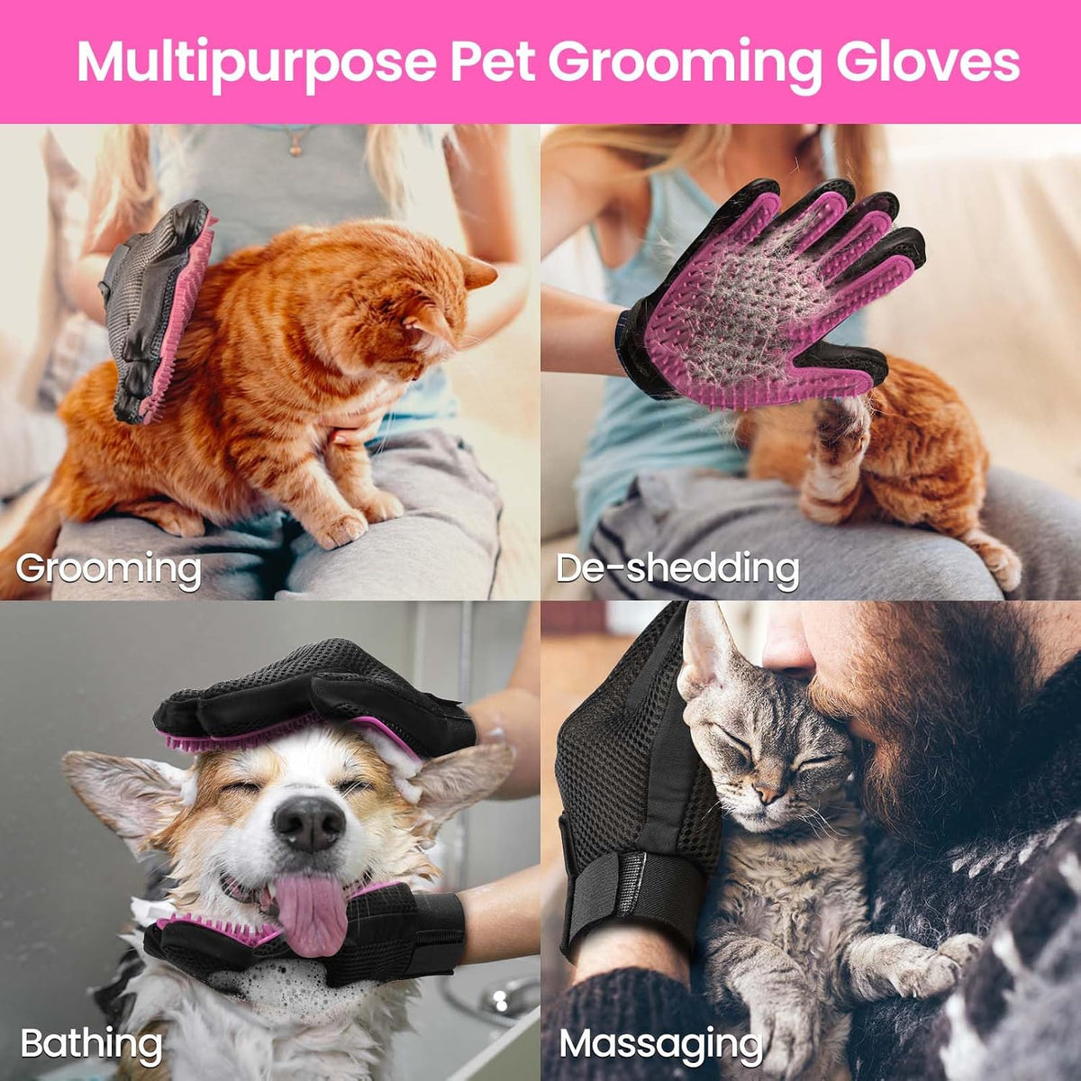 Pet Hair Removal Glove with 255 Silicone Tips for Dogs & Cats, 1 Pair Pink