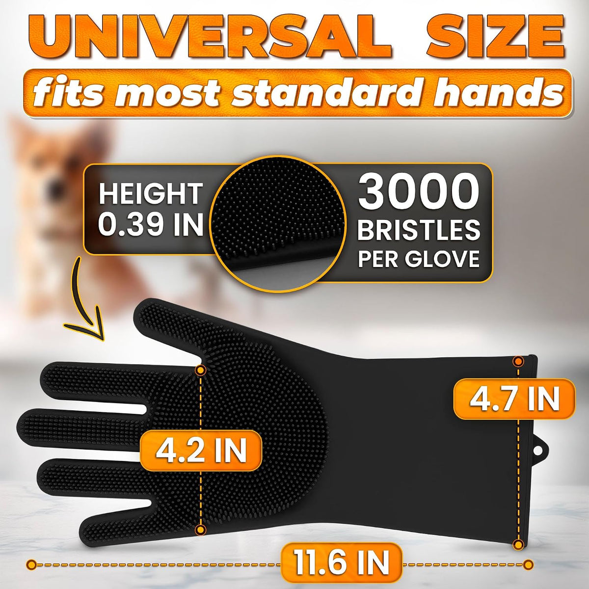 Cat and Dog Washing Gloves, 1 Pair, 11.6 in, Soft Silicone (Black)