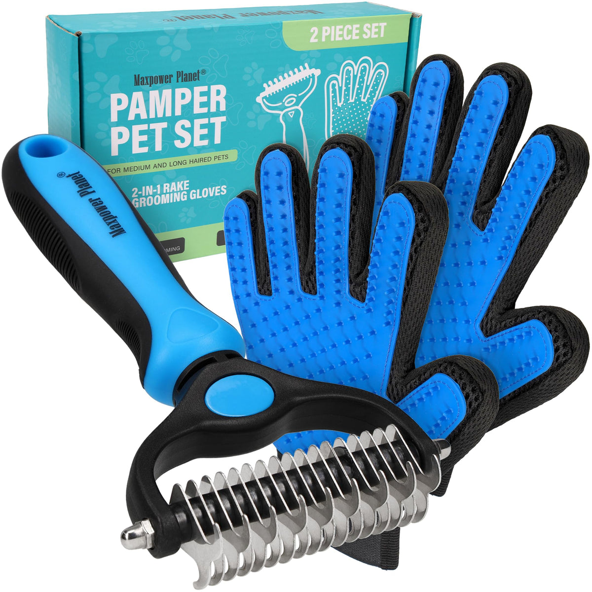Maxpower Planet Hair Brush - Double Sided Shedding, Dematting Undercoat Rake for Dogs and Cats - Extra Wide Dog Grooming Brush, Reduce Shedding by 95%, Turquoise