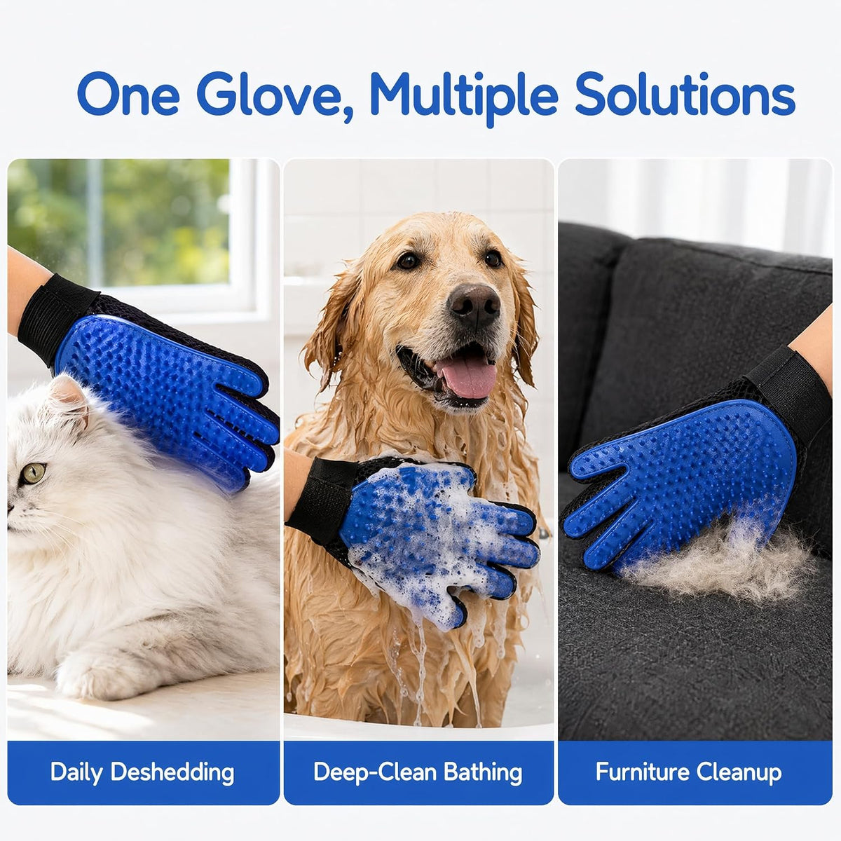 Pet Hair Remover, Pet Grooming Gloves for Dogs & Cats, Cat Grooming & Dog Bath Glove, Gentle Deshedding Brush Mitt for Long, Short or Curly Hair, Adjustable Five-Finger Massage Design,1 Pack