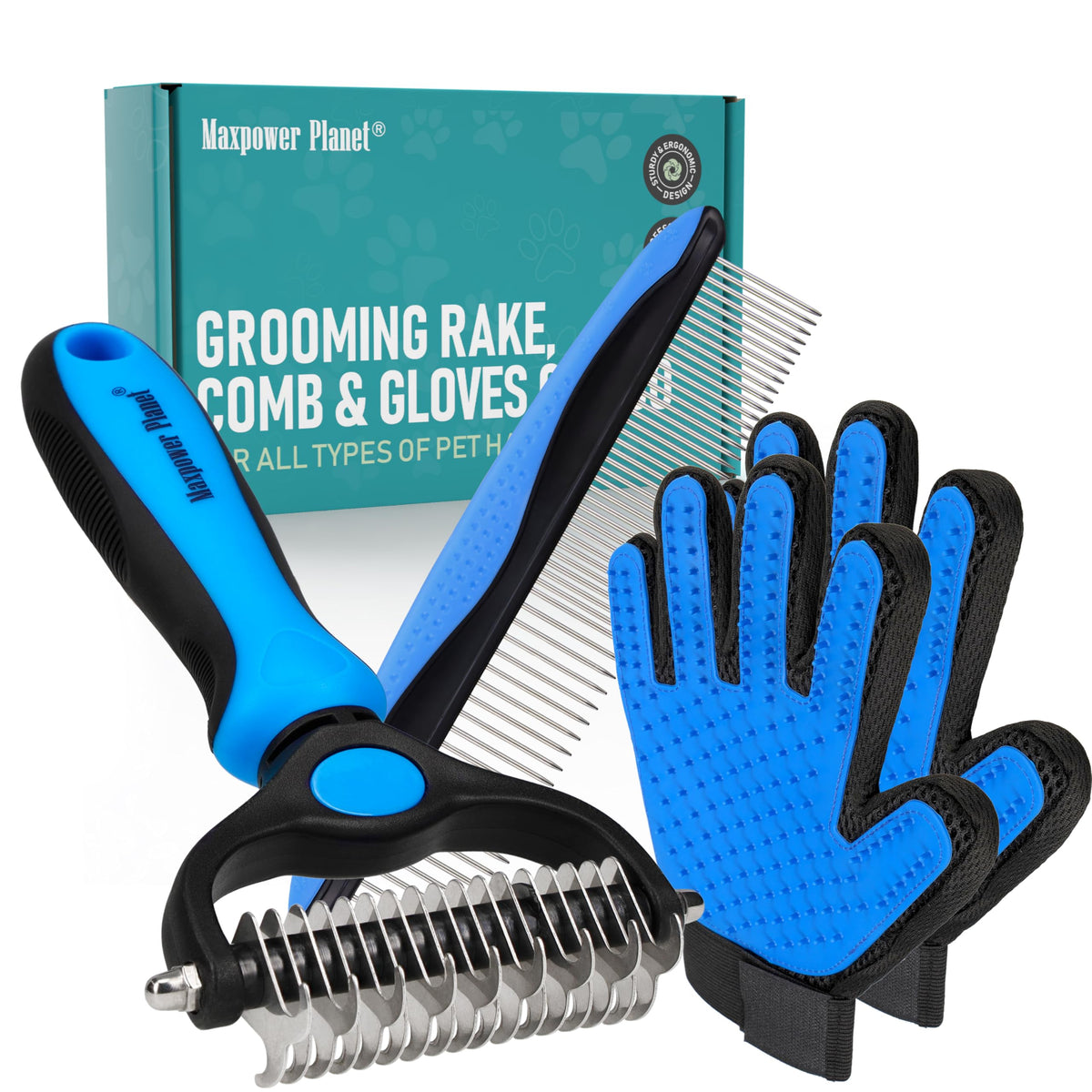 Maxpower Planet Pet Grooming Brush and 2X Grooming Gloves Combo - Double Sided Dematting, Deshedding Undercoat Rake for Dogs and Cats - Reduce Shedding Easily - Blue