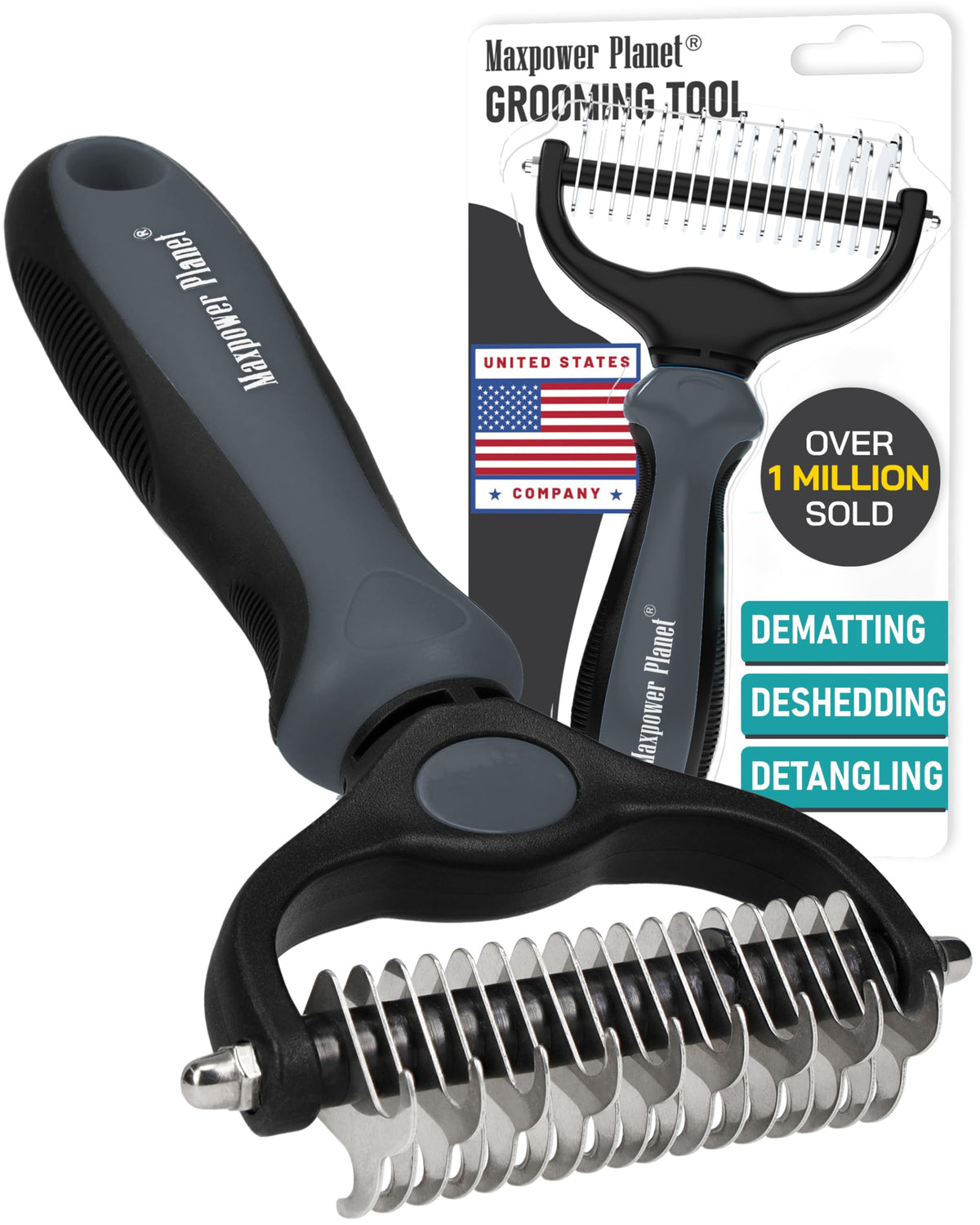 Maxpower Planet Hair Brush - Double Sided Shedding, Dematting Undercoat Rake for Dogs and Cats - Extra Wide Dog Grooming Brush, Reduce Shedding by 95%, Turquoise