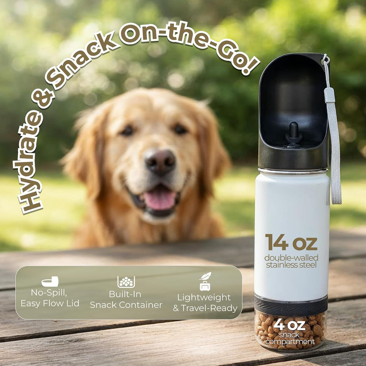 Mon Chateau 14oz Portable Dog Water Bottle with 4 oz Snack Storage, Double Walled Stainless Steel Body, Leak-Proof, Dishwasher Safe Pet Travel Bottle for Dogs, Cats & Outdoor Use, White