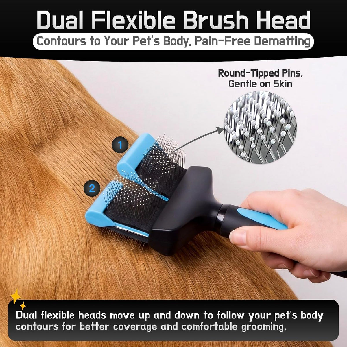 iToleeve Dual Flexible Head Slicker Brush, Round Tipped Pins, Skin Friendly