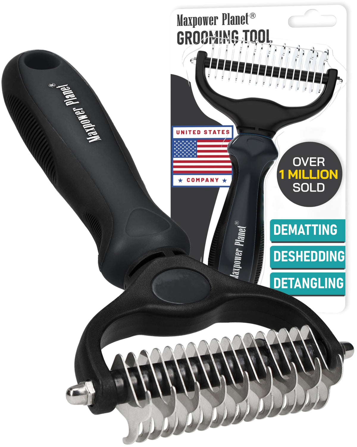 Maxpower Planet Hair Brush - Double Sided Shedding, Dematting Undercoat Rake for Dogs and Cats - Extra Wide Dog Grooming Brush, Reduce Shedding by 95%, Turquoise