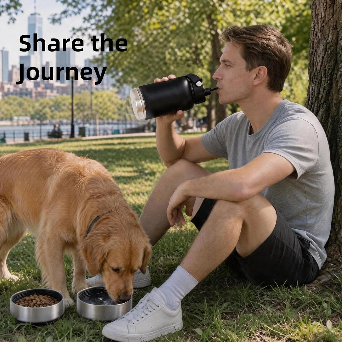 32oz Dog Water Bottle with Detachable 3.5oz Stainless Steel Bowl, Insulated Pet Travel Bottle, Leakproof Portable Dog Hydration Bottle for Walking Hiking Camping, 24H Cold /12H Hot(Black)