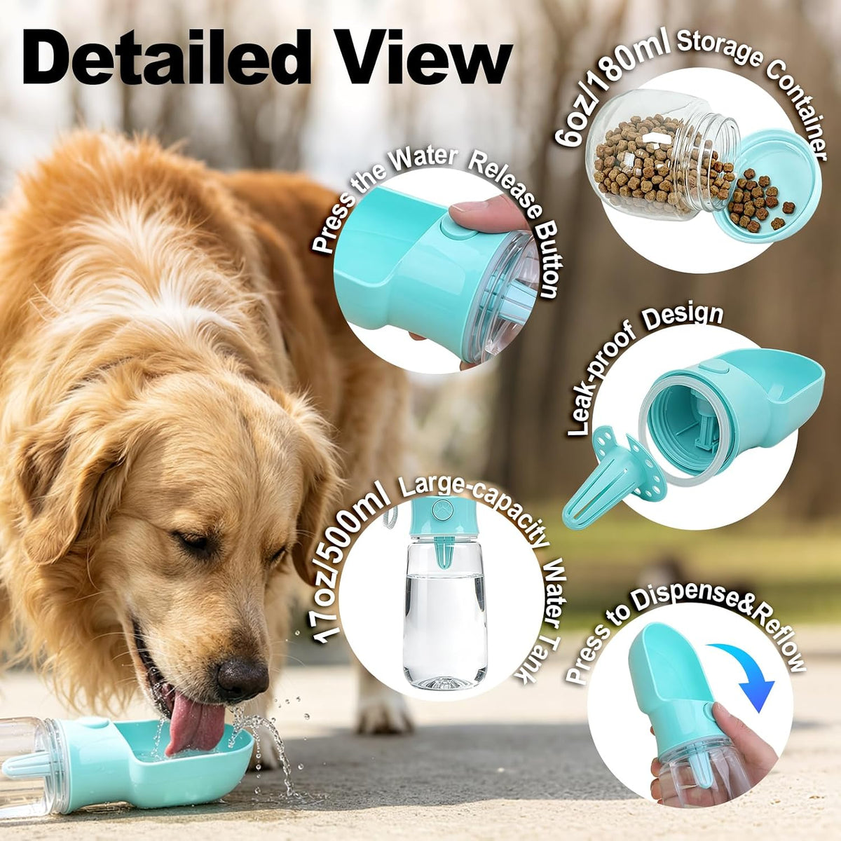 Blue Large Portable Dog Water Bottle(17oz) with Food Container