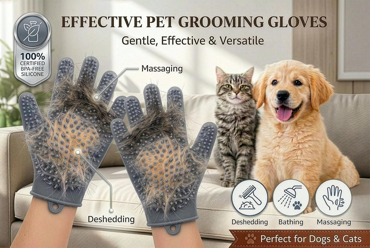 Pet Grooming Gloves for Cats & Dogs – Silicone Hair Removal Glove for Bathing, Shedding & Massage – Gentle Mitt for Long & Short Hair Pets with Drainage System