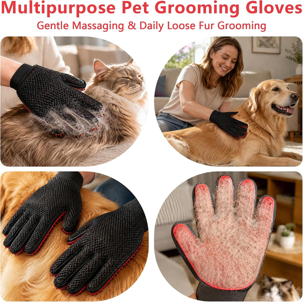 Pet Hair Removal Glove with Silicone Tips for Cat&Dog,1 Pair,Red