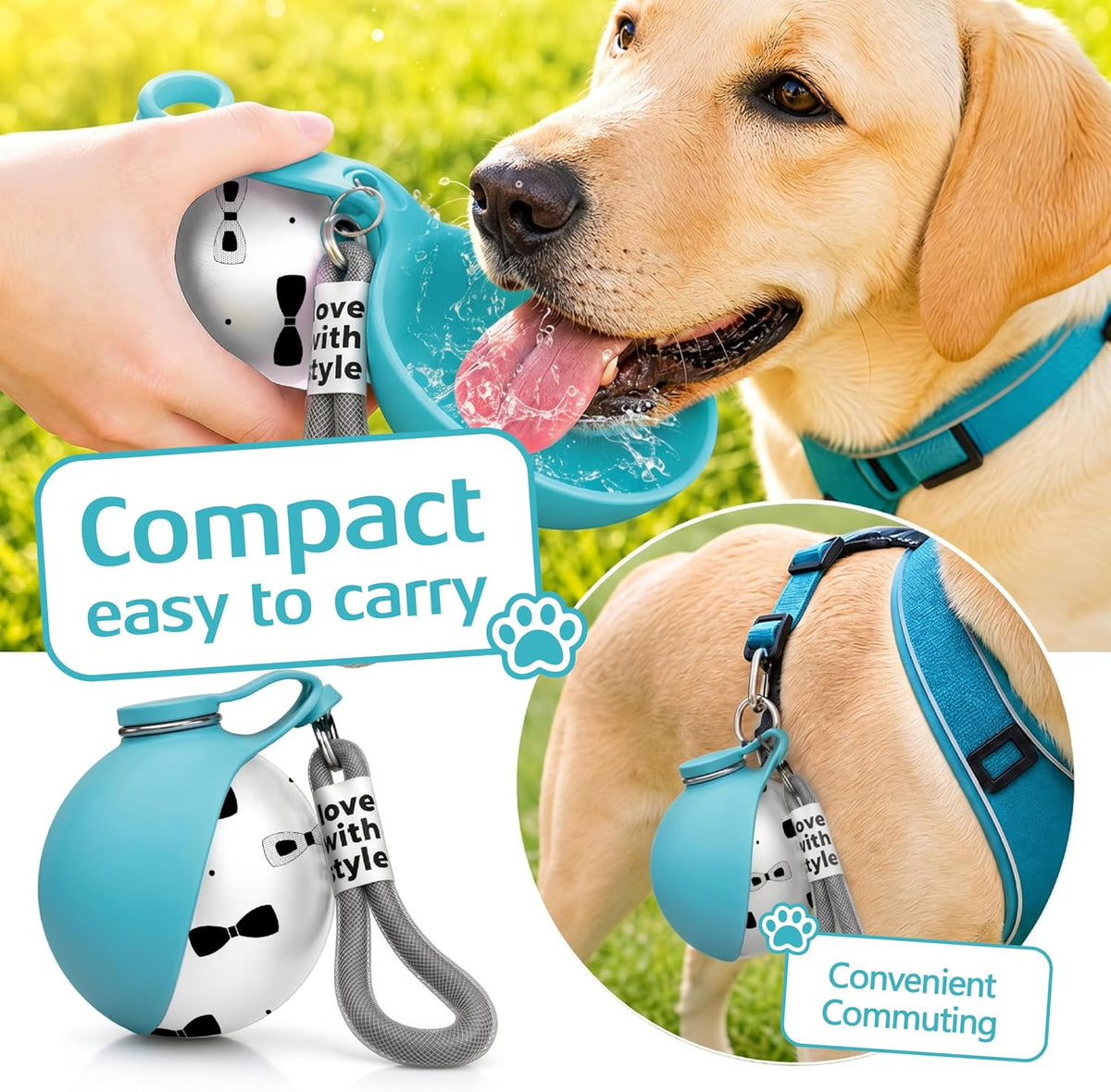 Portable Dog Water Bottle for Walking, 10oz Stainless Steel Pet Water Dispenser with Foldable Silicone Bowl, Leak-Proof Puppy Water Bottle for Small Dogs&Cats,Travel Hiking Outdoor Use(Blue Bow Print)