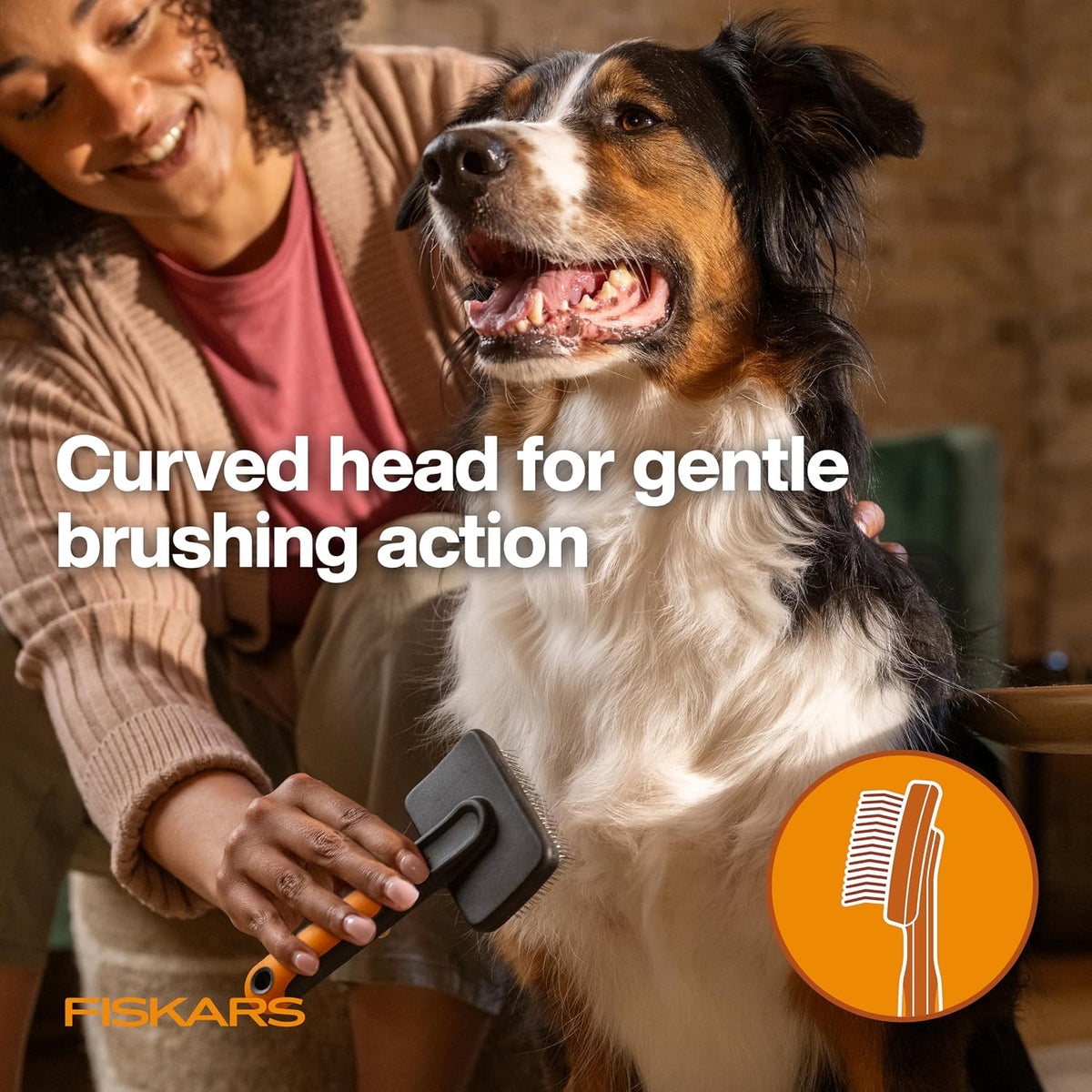 Fiskars Pet, Cat and Dog Brush, Fine Bristles & SoftGrip Handle for Gentle Grooming and Deshedding, Cat and Dog Supplies, Orange/Black