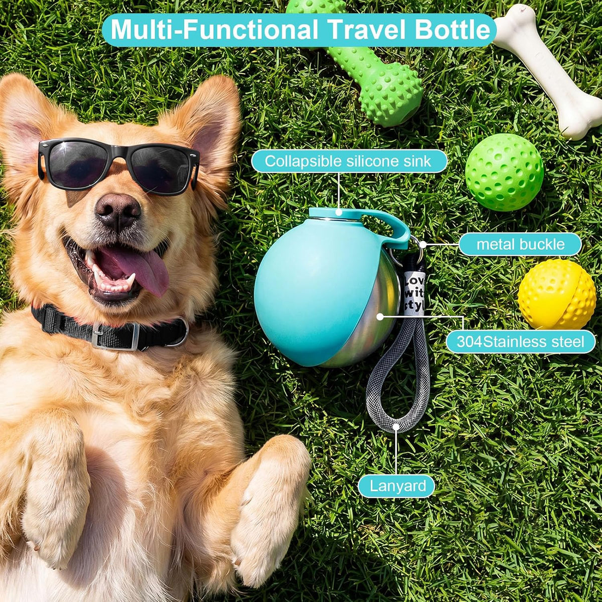 Portable Dog Water Bottle with Bowl, 10oz Leak-Proof Stainless Steel Dog Travel Water Bottle, BPA-Free Pet Water Dispenser for Small & Medium Dogs, Walking, Hiking & Outdoor Travel
